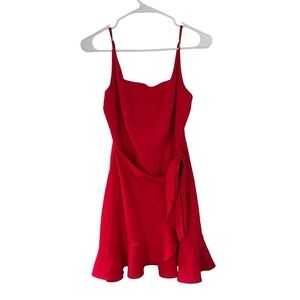 Red Wrap Front Ruffle Hem Mini Dress Adjustable Straps Womens Size S